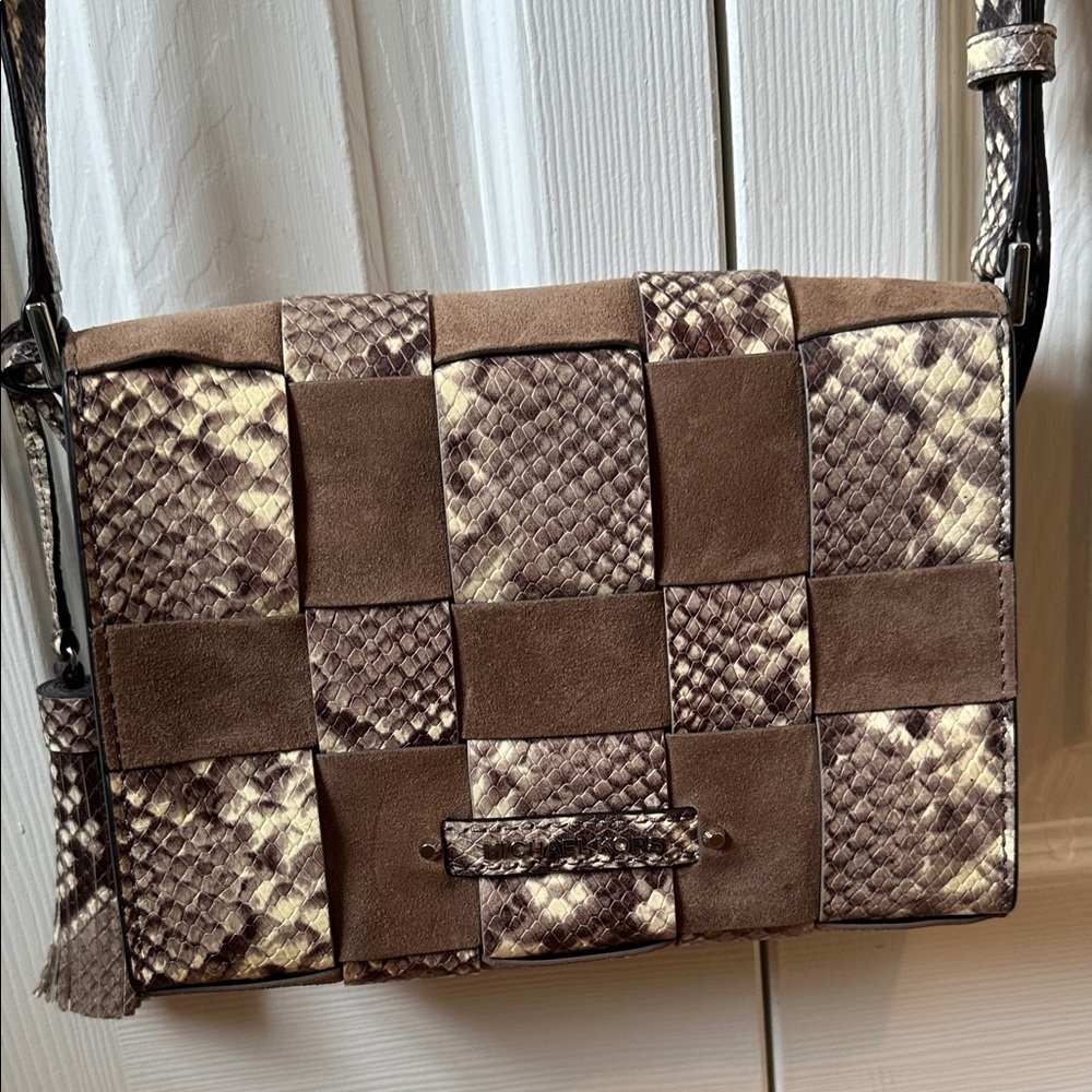 Michael Kors Brown and Cream Woven Crossbody Bag